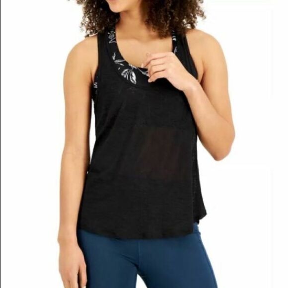 Ideology Zen Floral Black Tank Top Sports Bra Layered Women's Small NWT - Picture 1 of 10